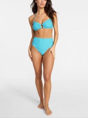 Time and Tru Women's High-Waisted Bikini Set Turquoise Geometric Retro Print